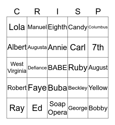 CRISP FAMILY BINGO Card