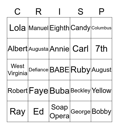 CRISP FAMILY BINGO Card