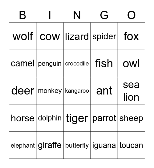 Animals Bingo Card