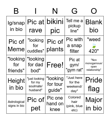 Tinder Bingo (Women) Bingo Card