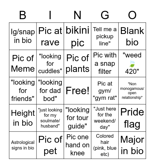 Tinder Bingo (Women) Bingo Card