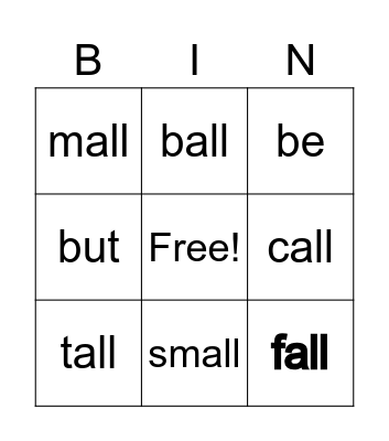 Week 21 Word Family Bingo Card