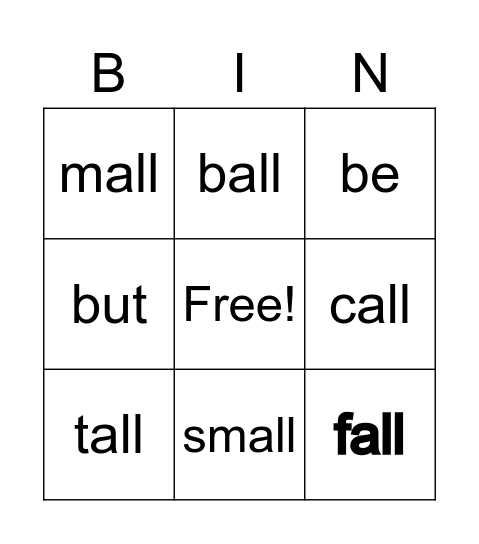 Week 21 Word Family Bingo Card