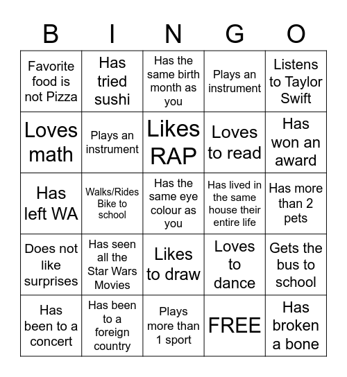 Middle School Bingo Card