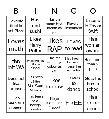 Middle School Bingo Card