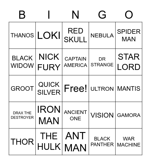 AVENGERS Bingo Card