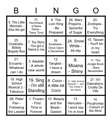 Disney music Bingo Card