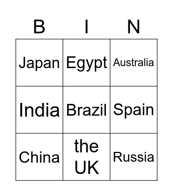 Countries Bingo Card