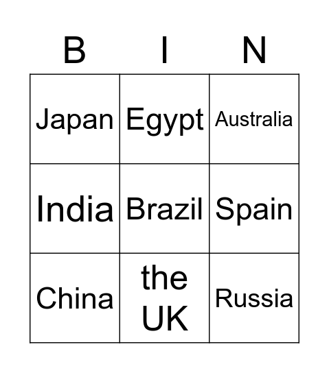 Countries Bingo Card