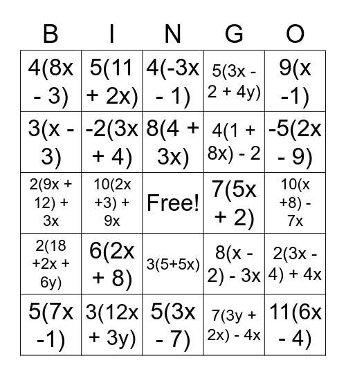 Simplifying Expressions Bingo Card