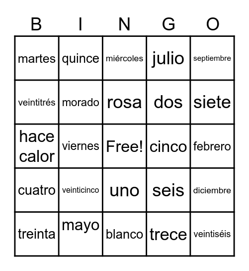 Español Bingo Card