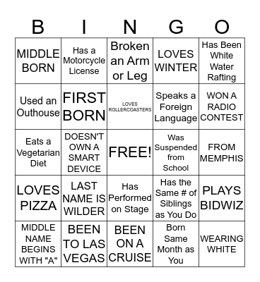 WILDER FAMILY REUNION  Bingo Card