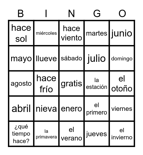 El Tiempo y calendario Bingo Card