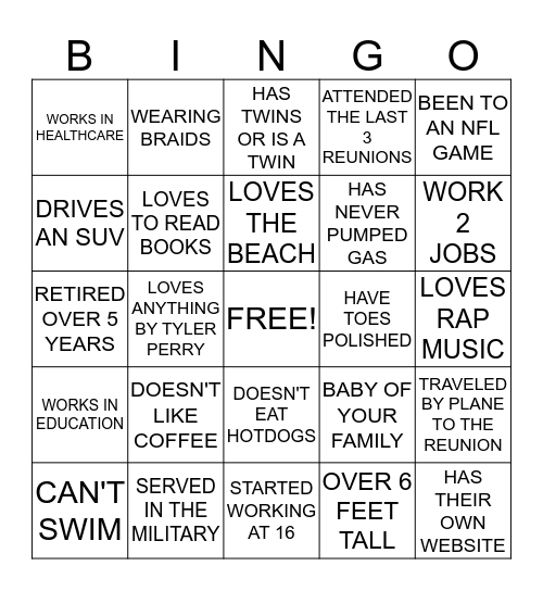 WILDER FAMILY REUNION Bingo Card