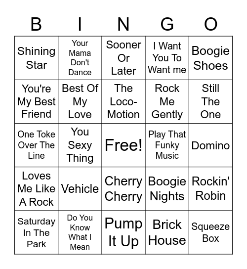70s Mix Tavern Bingo Card