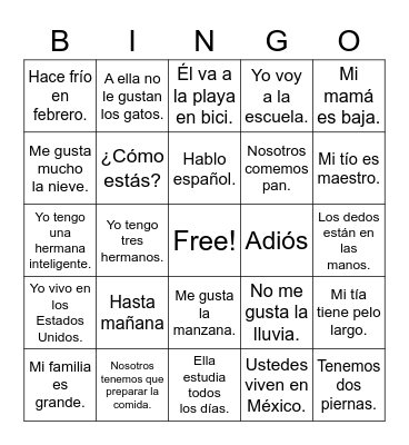 Spanish I End-of-year review Bingo Card