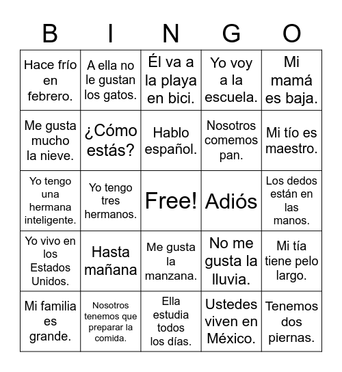 Spanish I End-of-year review Bingo Card