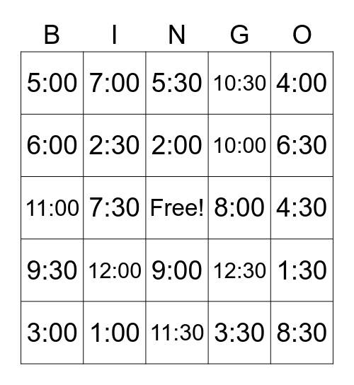 1st Grade Time Bingo Card