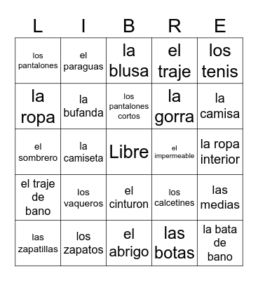 La Ropa Bingo Card