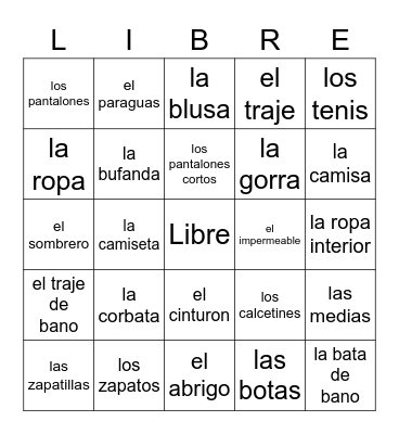 La Ropa Bingo Card