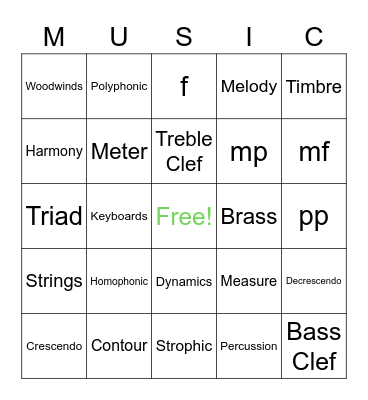 Elements of Music Bingo Card