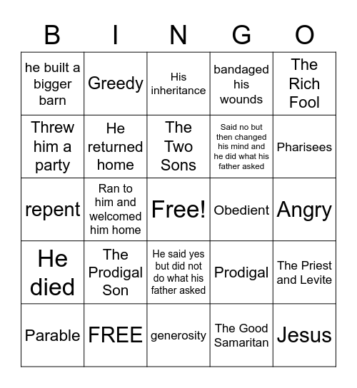 Parables Review Bingo Card