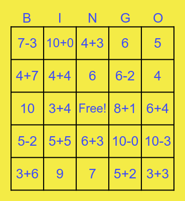 Addition / Subtraction Within 10 Bingo Card