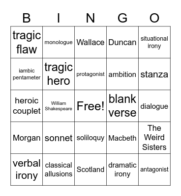 Macbeth Vocabulary Bingo Card