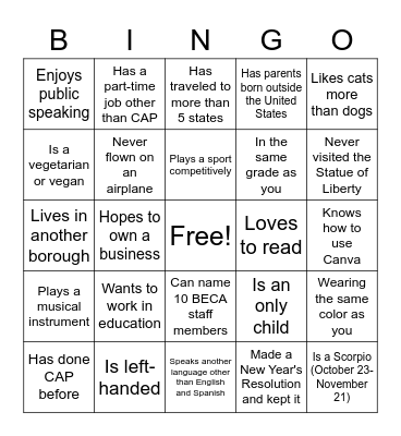 CAP Networking BINGO Card