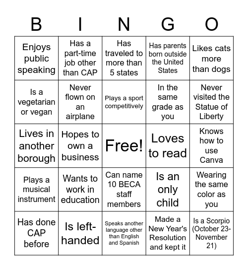 CAP Networking BINGO Card