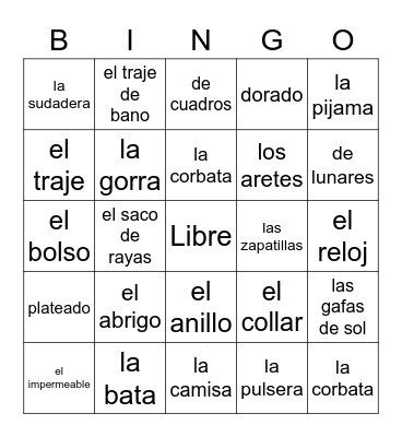 LA ROPA  -  ESPANOL 2 Bingo Card
