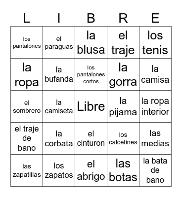 La Ropa Bingo Card