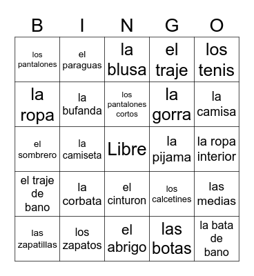 La Ropa Bingo Card