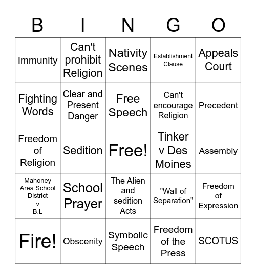 First Amendment Freedoms! Bingo Card