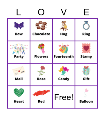 Valentine's Words Bingo Card