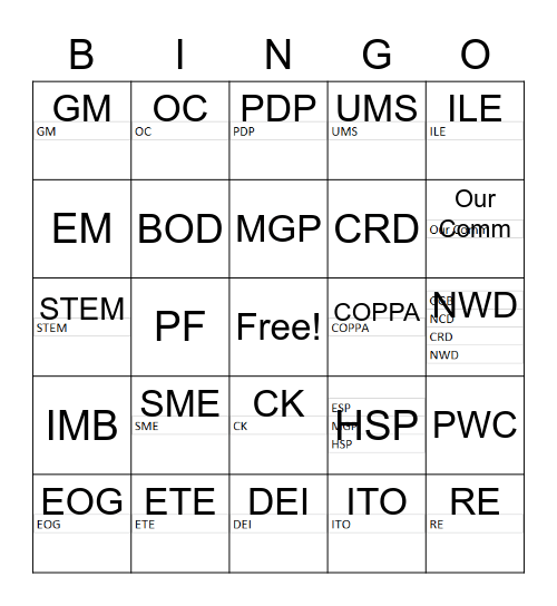 JA Acronym Bingo Card