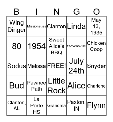 Alice's Birthday Bingo! Bingo Card
