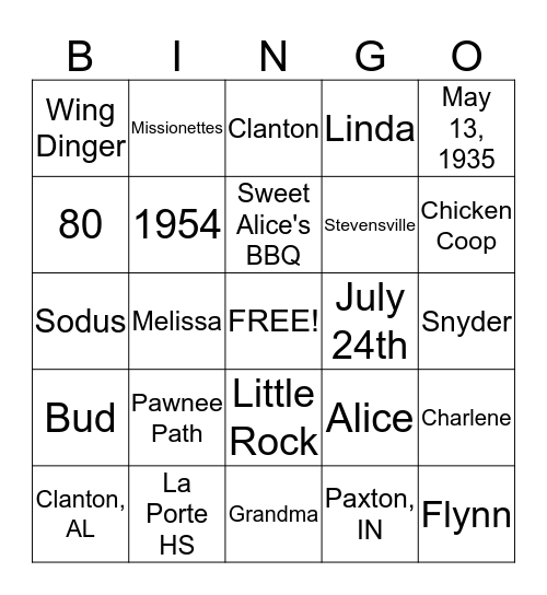 Alice's Birthday Bingo! Bingo Card