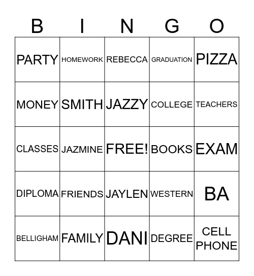 JAZMINE'S 2015 GRADUATION Bingo Card