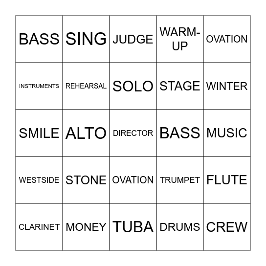 SHOW CHOIR Bingo Card