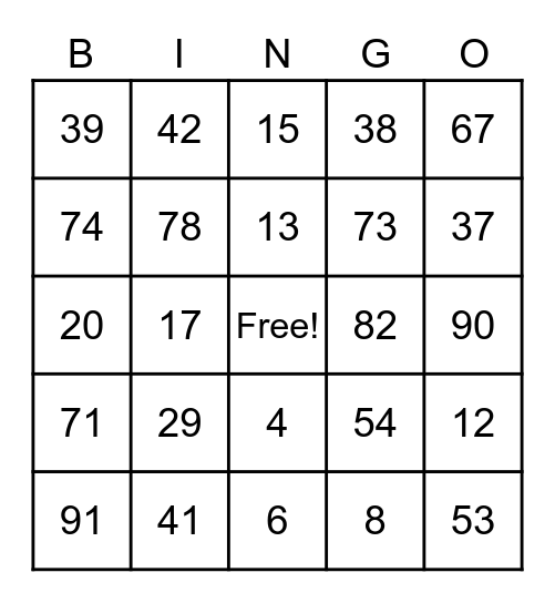 Numbers 1 - 100 Bingo Card