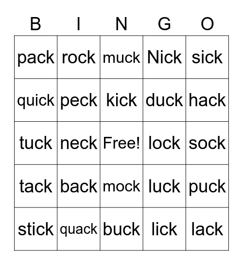 "Final Digraph -ck" Bingo Card