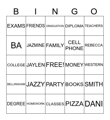 JAZMINE'S 2015 GRADUATION Bingo Card
