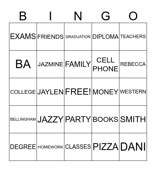 JAZMINE'S 2015 GRADUATION Bingo Card