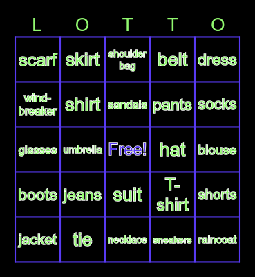 clothing vocab Bingo Card