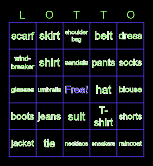 clothing vocab Bingo Card