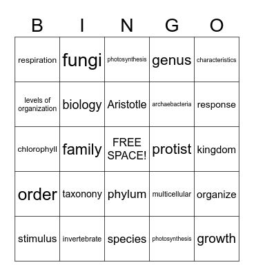 Characteristics and Qualities of Living Things Bingo Card