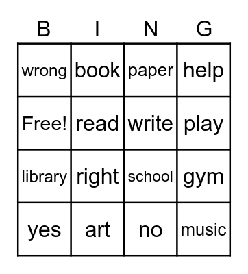 School Bingo Card