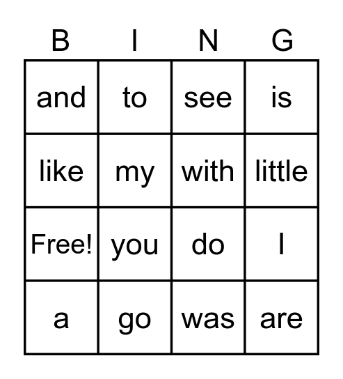 sight word Bingo Card