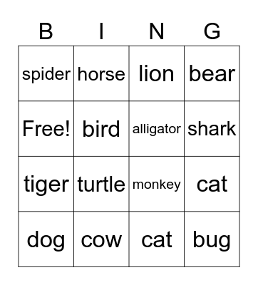 Animals Bingo Card